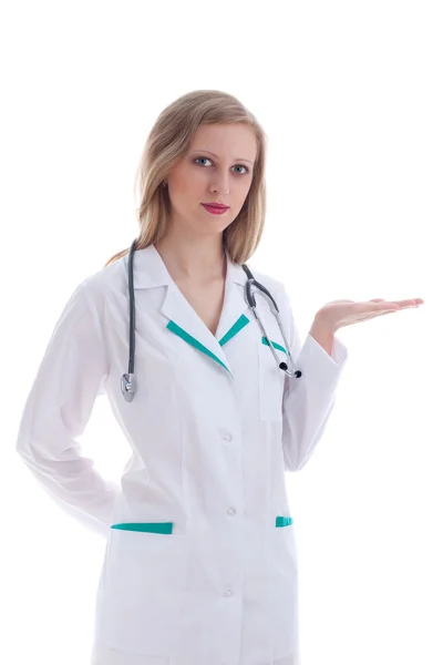 Positive doctor shows empty hand. Isolated on a white. — Stock Photo ...