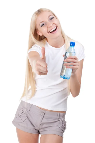 Femme heureuse avec une bouteille d'eau — Photo
