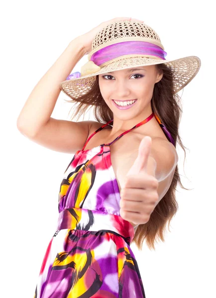 Portrait of an attractive girl shows thumbs-up — Stock Photo, Image