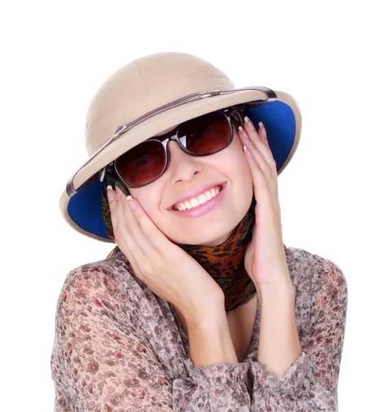 Mladá žena nosí helmu safari Stock Obrázky