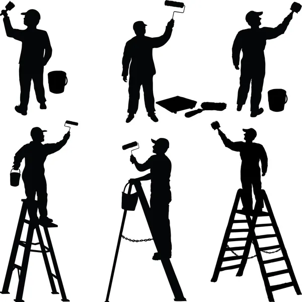 Varios trabajadores pintores siluetas — Vector de stock