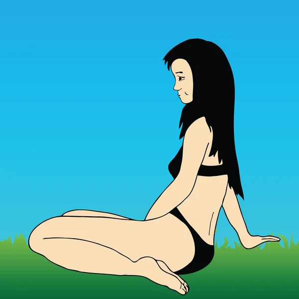 黑发女孩在草地上 — 图库照片