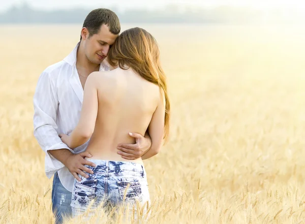 Beautiful young couple in field — Stock Photo, Image