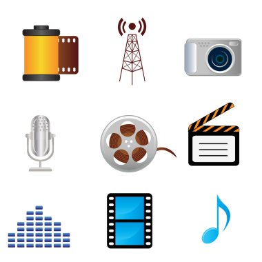 Film, music, photography media icons clipart