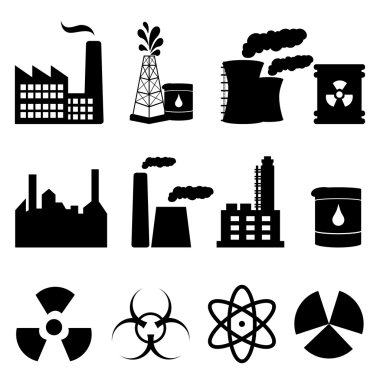 Industrial buildings and signs icon set clipart