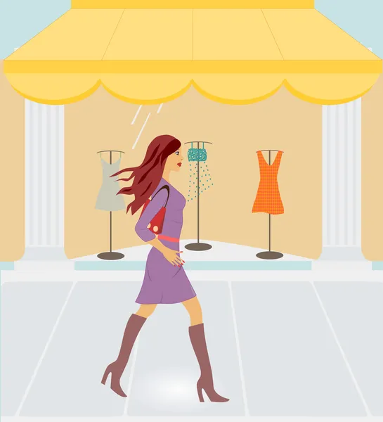Femme passant par le magasin — Image vectorielle