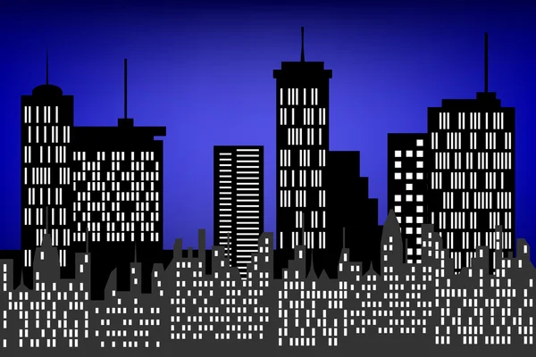 Wolkenkrabbers van de stad bij nacht — Stockvector