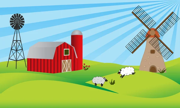 Jordbruksmark lada och väderkvarn — Stock vektor