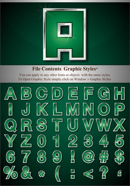 Alfabeto verde con Silver Emboss Stroke — Archivo Imágenes Vectoriales
