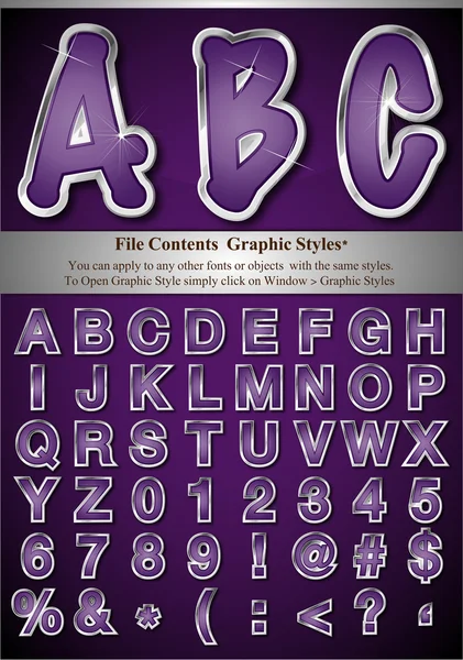 Фиолетовый алфавит с серебряным тиснением — стоковый вектор