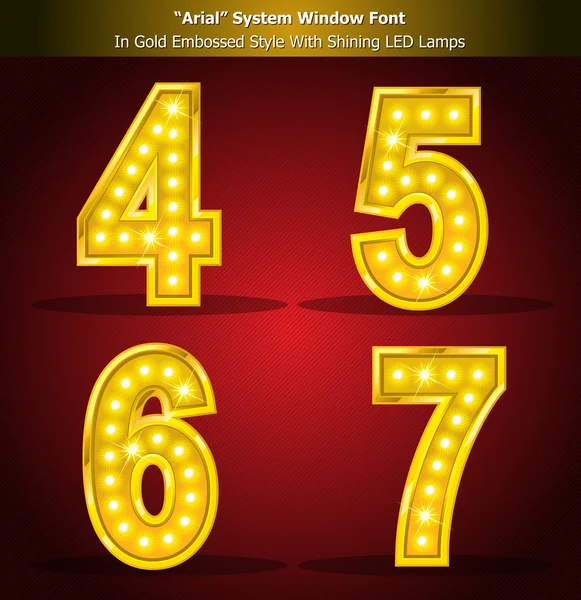 Písmo Arial v zlatých stylu s lampami — Stockový vektor