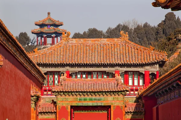 Stone Gate Yellow Roofs Gugong Forbidden City Palace Beijing Chi — Stock Photo, Image