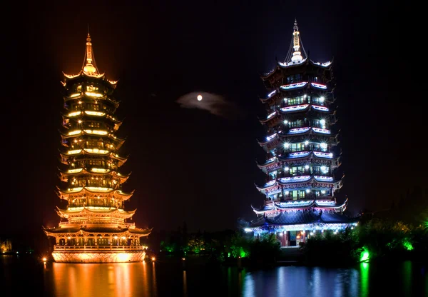Silver and Gold Pagodas Guilin China with Moon — Stock Photo, Image