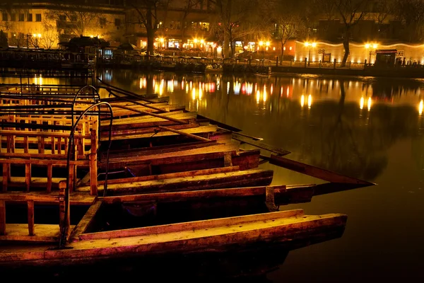 Barcos de madeira Houhaid Lake Night Pequim China — Fotografia de Stock