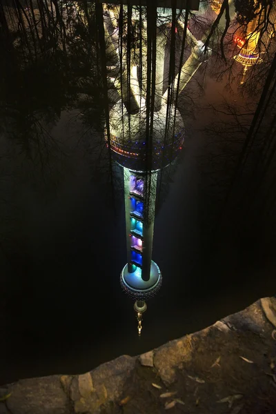 Televizní věž v noci reflexe stromy Pchutungu Čína Šanghaj — Stock fotografie
