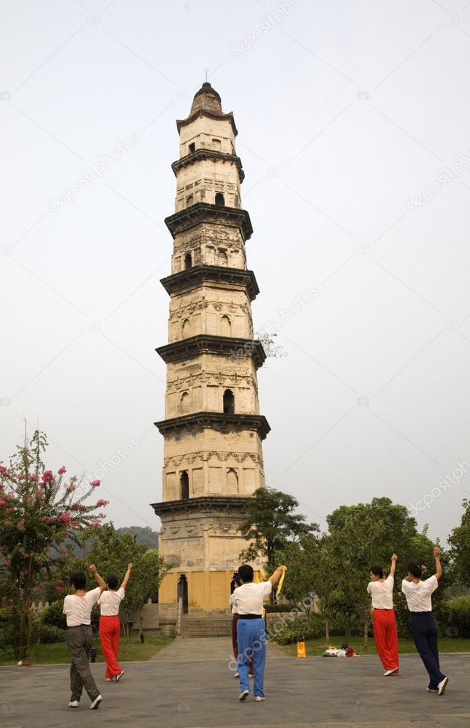 Exercising in front of Great Mercy Pagoda Shaoxing China