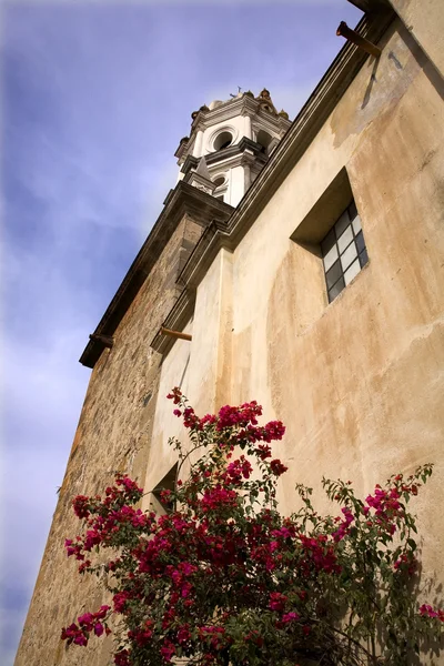 白い石教会赤 bouganvillea メキシコ — ストック写真