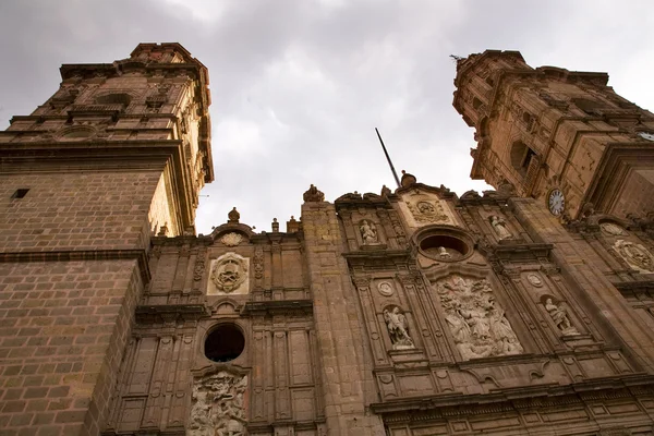 Main Cathedral Steeples Looking Up Morelia Mexico — Stock Photo, Image