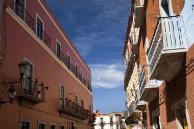 Street Orange Adobe Wall Balconies Flowers Guanajuato Mexico