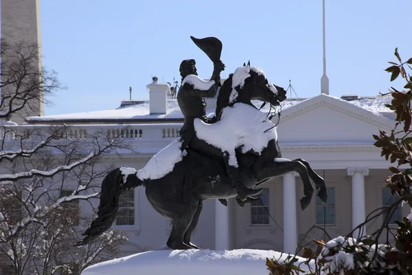 Jackson staty lafayette park monument Vita huset efter snö wa — Stockfoto