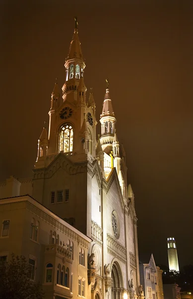 Igreja Católica São Pedro Paulo Coit Tower Night São Francisco — Fotografia de Stock