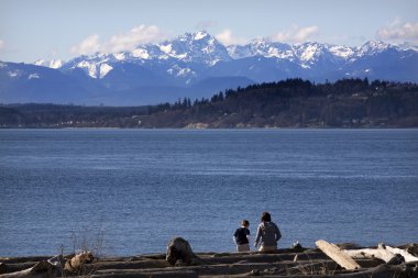 Day at the Beach Mother and Son in Distance Edmonds Washington clipart