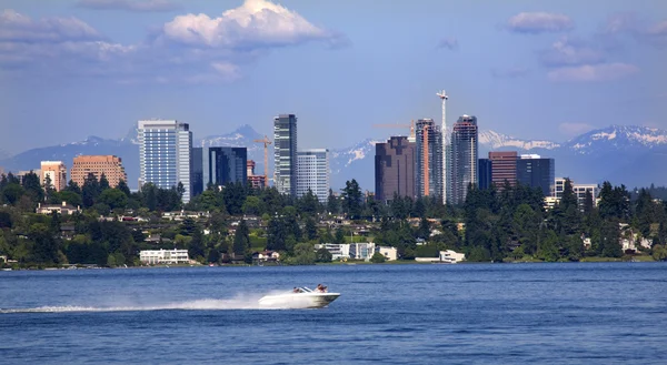 Bellevue Washington from Lake with Mountains — Stock Photo, Image