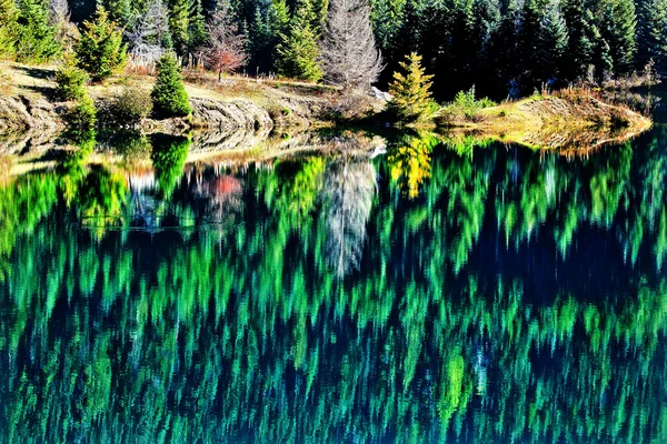 Zelené stromy zlaté jezero reflexe snoqualme předat washington — Stock fotografie