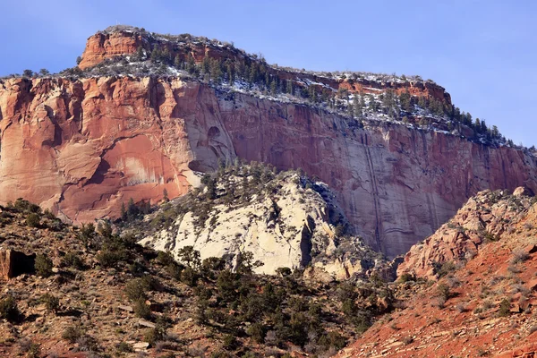 Red rock canyon sníh západní chrám zion národní park utah — Stock fotografie