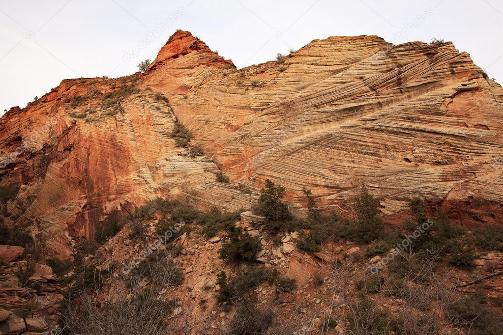 Orange White Checkerboard Mesa Stratified Rocks Zion Canyon Nati