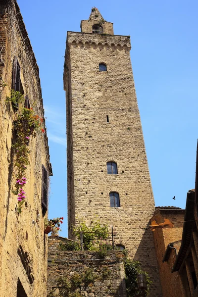 Medieval Stone Cuganensi Tower Flowers San Gimignano Tuscany Ita Stock Photo