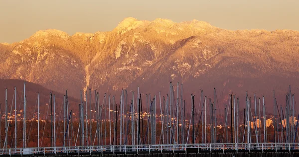Vancouver Though Sailboat Masts Golden Snow Mountains Background — Stock Photo, Image