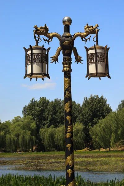 Ornate Dragon Lamp Post Yuanming Yuan Old Summer Palace Salgueiros — Fotografia de Stock