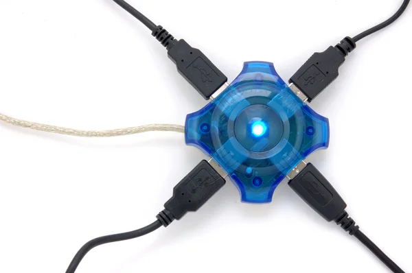 Hub USB conectado com luz azul — Fotografia de Stock