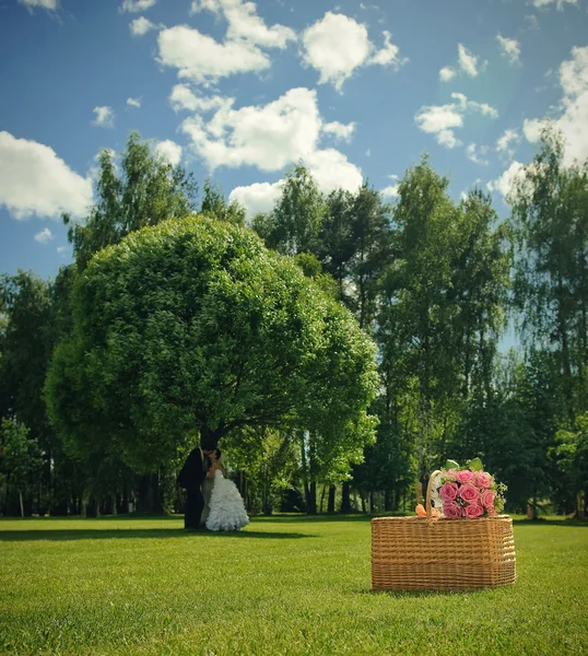 Bukiet ślubny róża na kosz i newlywed para w przyrodzie — Zdjęcie stockowe