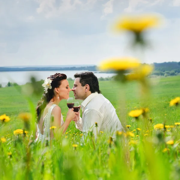 Casamento casal beijando em uma grama — Fotografia de Stock