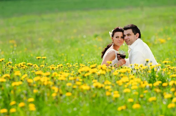 Braut und Bräutigam trinken einen Wein im Löwenzahnfeld — Stockfoto