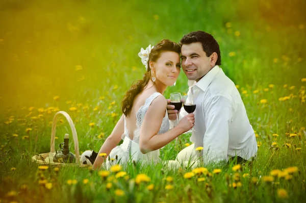 Bruid en bruidegom drinken een wijn op het gebied van paardebloem — Stockfoto