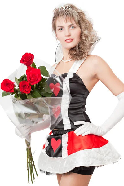 Meisje met rode rozen geïsoleerd op een witte achtergrond — Stockfoto