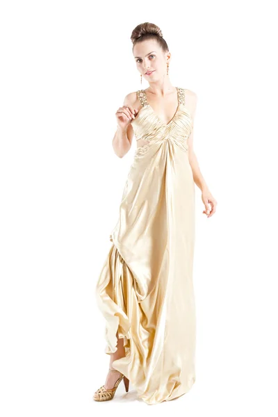 Senhora em vestido dourado isolado em branco — Fotografia de Stock