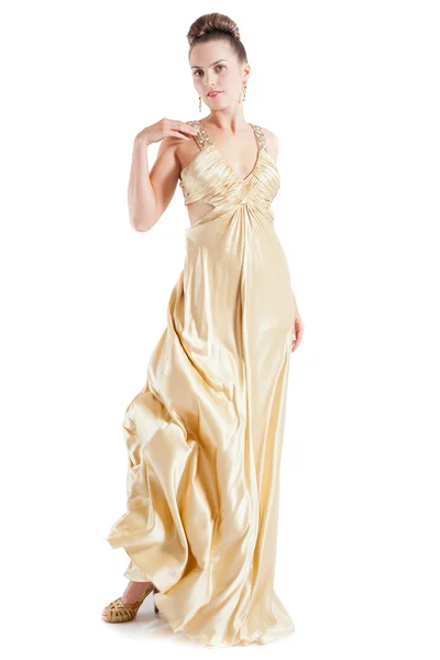 Dame im goldenen Kleid isoliert auf weiß — Stockfoto