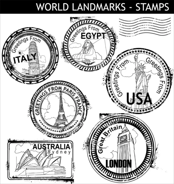 Puntos de referencia mundiales sellos — Vector de stock