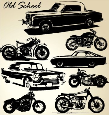 Old school cars and motorbikes clipart