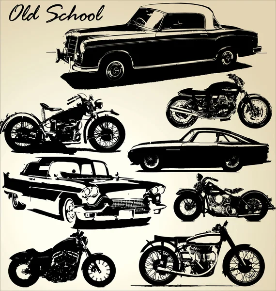 Старые школьные машины и мотоциклы — стоковый вектор