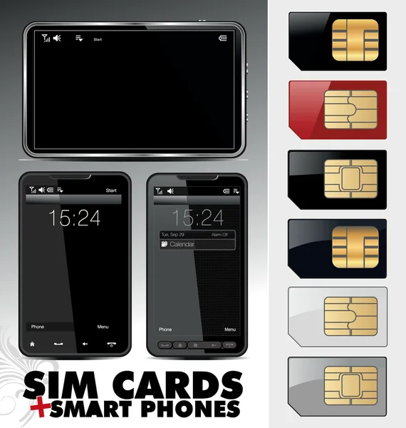 Smartphone touchscreen e schede SIM — Vettoriale Stock