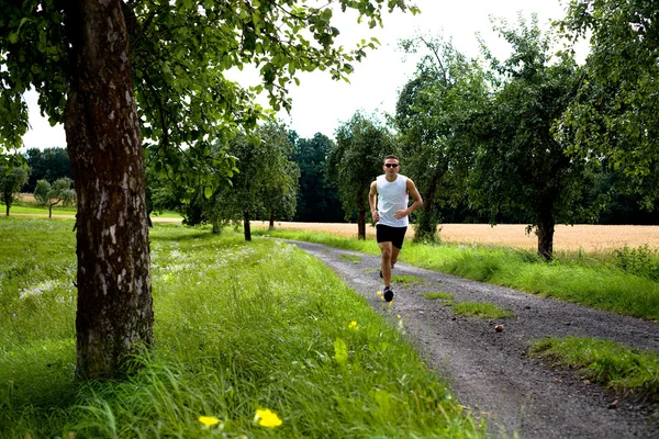 Jogging through the fields — Stock Photo, Image