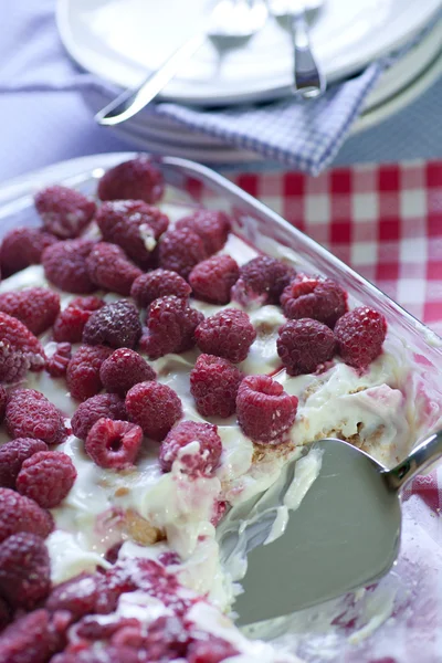 Quark dessert with raspberries — Stock Photo, Image