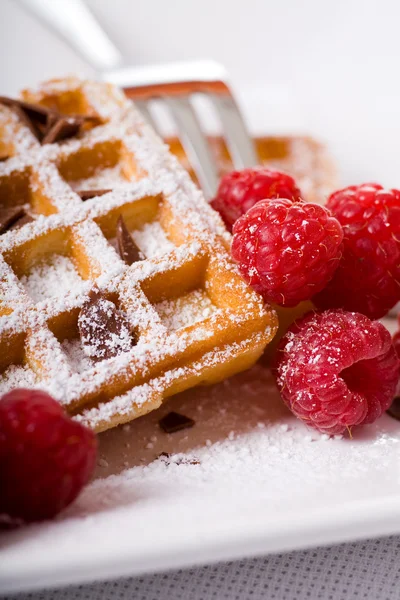 Waffles and raspberries — Stock Photo, Image