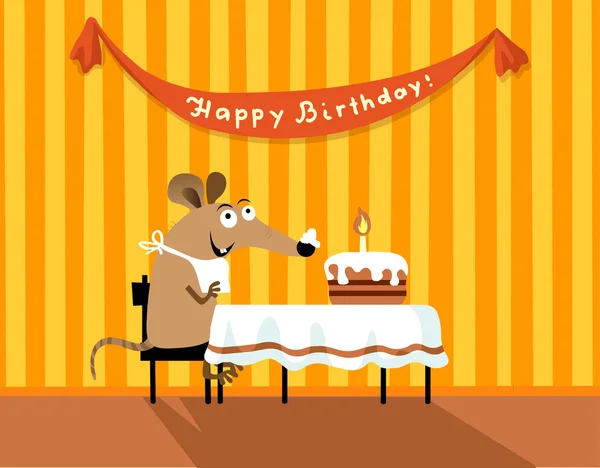 Születésnapi üdvözlőlap egér és a torta — Stock Vector