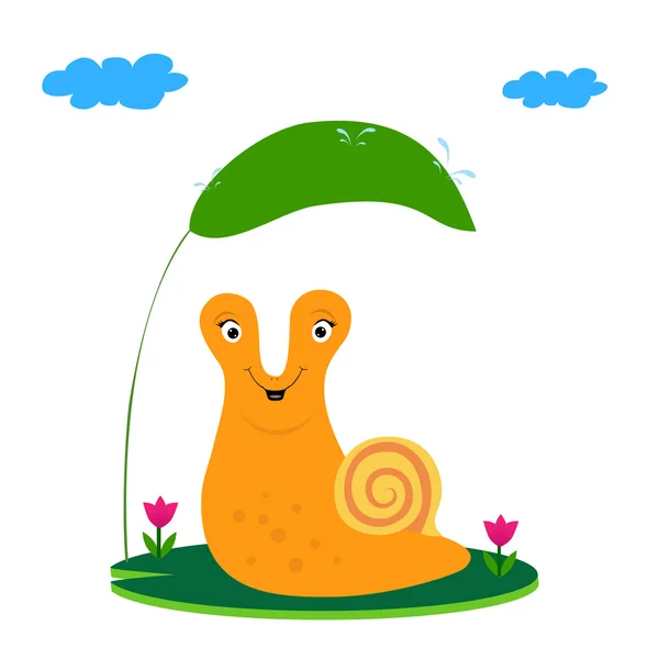 カタツムリ、花と緑の葉 - 子供の図 — ストックベクタ